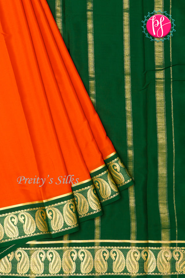 Pure Mysore Crepe Silk Saree -Orange And Bottlegreen-PA47159
