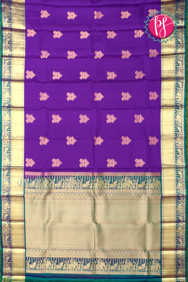 Half Pure Kanchipuram Silk Saree-Purple And Peacockblue-PF47884