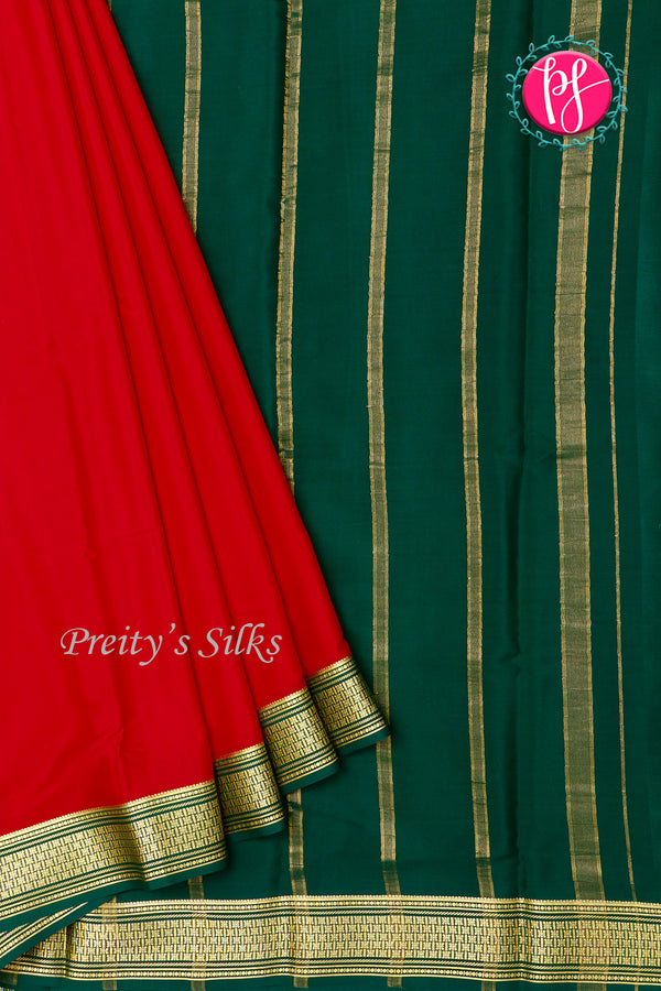 Pure Mysore Crepe Silk Saree-Red And Bottlegreen- PA34000