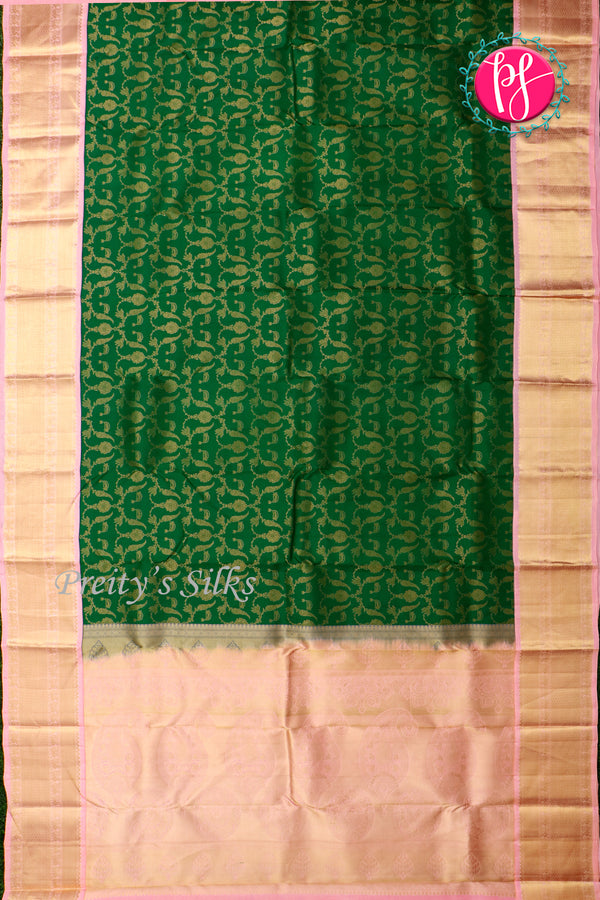 Pure Brocade Kanchipuram Silk Saree-Green And Pastelpink-PA26193