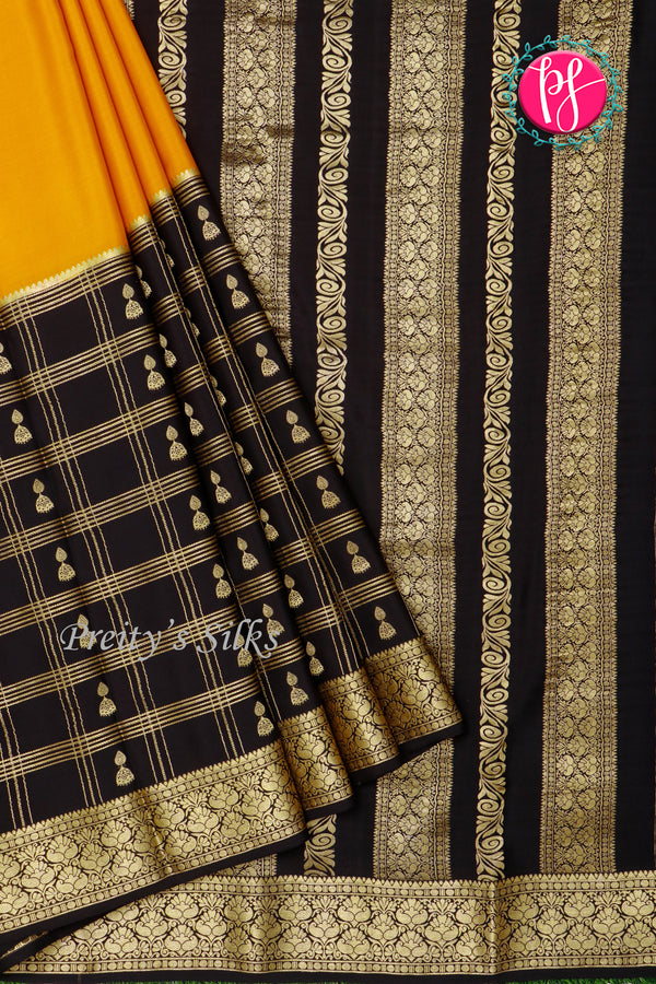 Pure Mysore Crepe Silk Saree-Mustardyellow And Black-PA46832