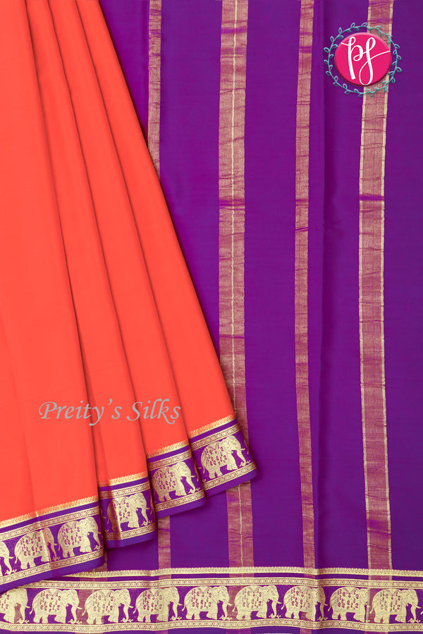 Pure Mysore Crepe Silk Saree-Contrast-Rustorange And Purple-PA19804