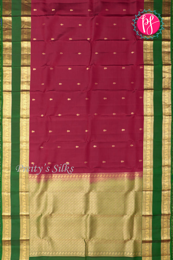 Half Pure Kanchipuram Silk Saree-Burgundy And Green-PA24684