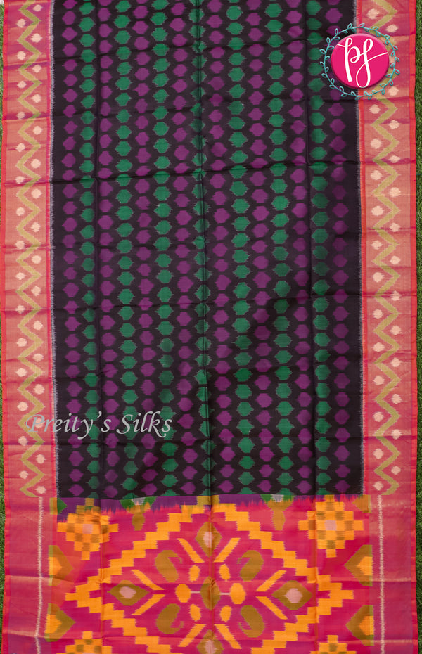 Pure Pochampally Soft Silk saree - Deep Navy Blue- Orangish Pink-PF02662