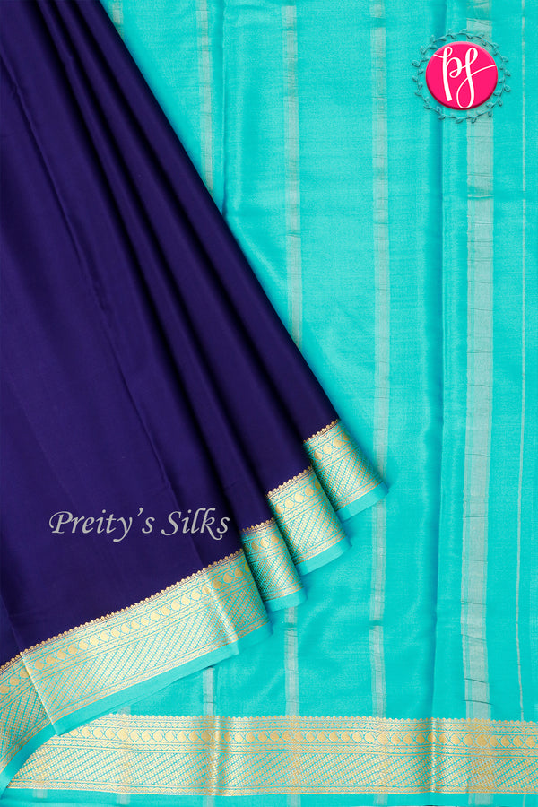 Pure Mysore Crepe Silk Saree-Navyblue And Skyblue-PA22436