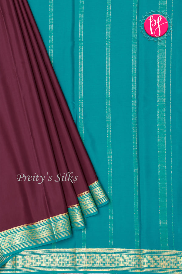 Pure Mysore Crepe Silk Saree-Chocolatebrown And Cyanblue- PA34000