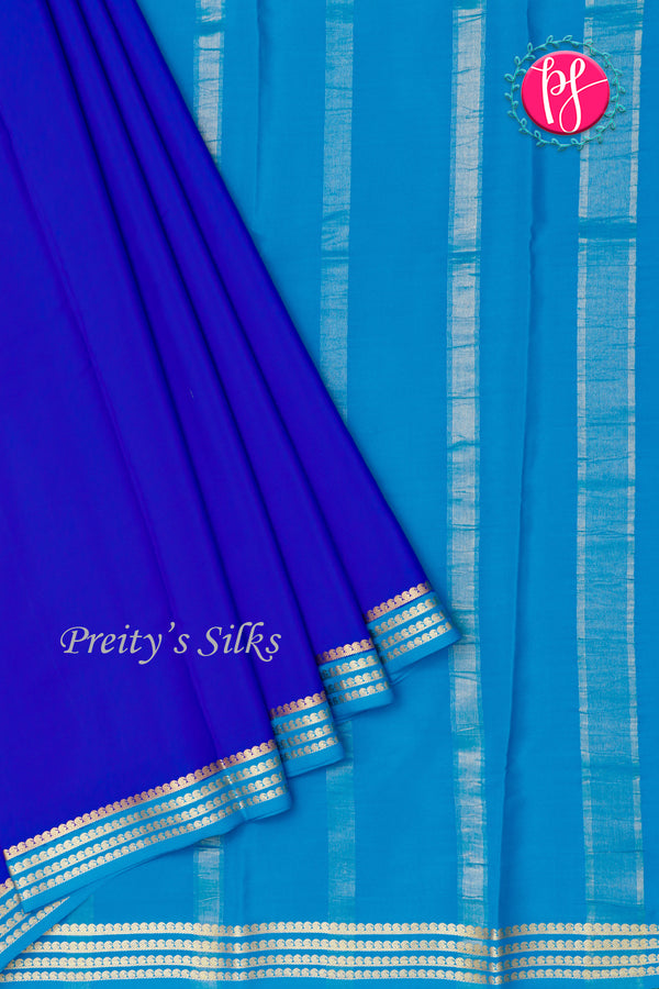 Pure Mysore Crepe Silk Saree-Royalblue And Tealblue-PA19960