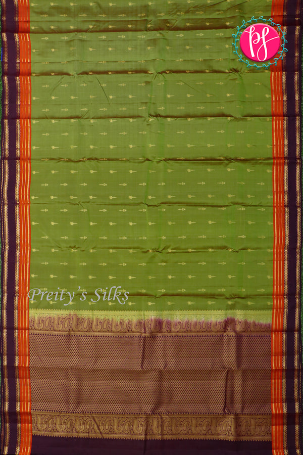 Half Pure Kanchipuram Silk Saree-Green And Deepbrwn-PA24684