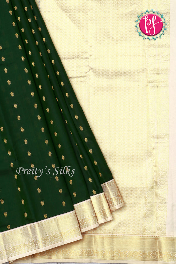 Pure Kanchipuram Silk Saree-Bottle Green With Cream-PF72362
