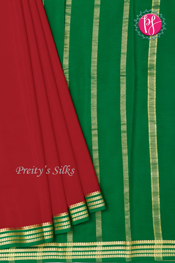 Pure Mysore Crepe Silk Saree-Red And Green-PA19960