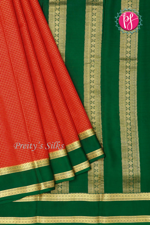 Pure Mysore Crepe Silk Saree -Rustorange And Green-PF86046