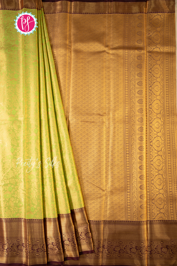 Semi Kanchipuram Silk Saree-Lightgreen And Wine-PA57094