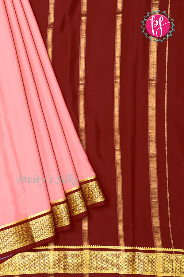 Pure Mysore Crepe Silk Saree -Warm pastel pink And Maroon-PF82621