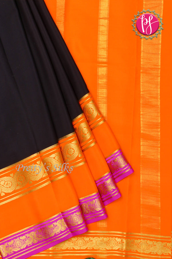 Pure Mysore Crepe Silk Saree -Black And Orange pink-PA01234