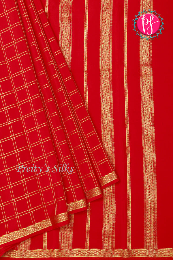 Pure Mysore Crepe Silk Saree-Doublechecks-Red-PA20527