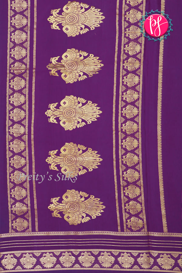 Pure Mysore Crepe Silk Saree-Pinkishgrey And Deeppurple-Peacock border-PA26542