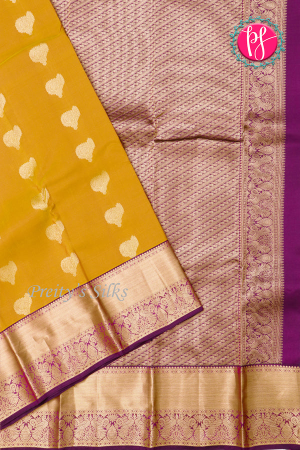 Half Pure Kanchipuram Silk Saree-Goldenyellow And Purple-PA25826