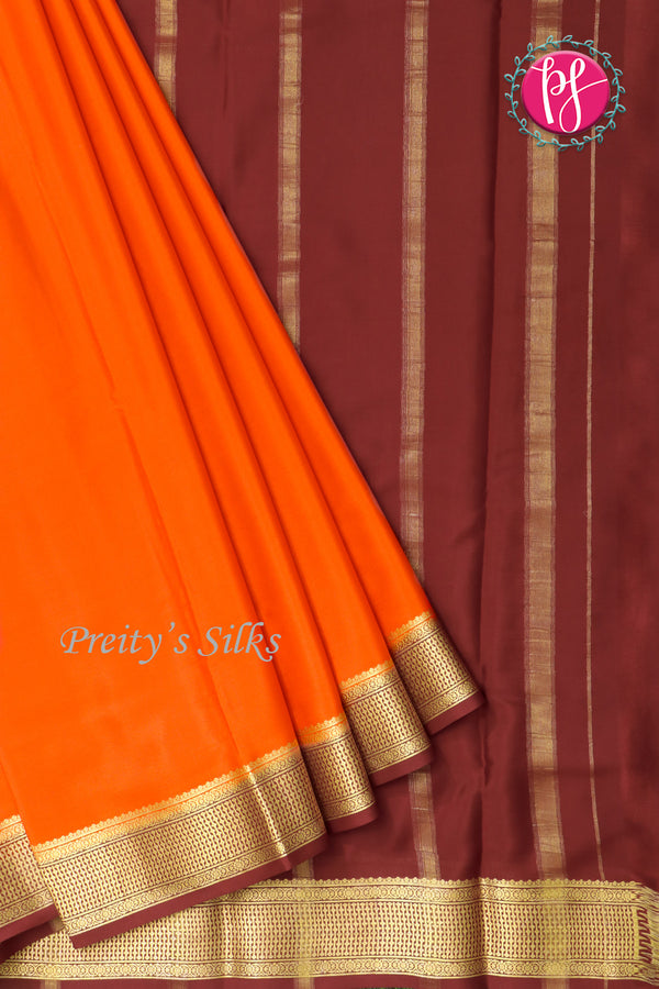 Pure Mysore Crepe Silk Saree -Orange And Maroon-PF82724