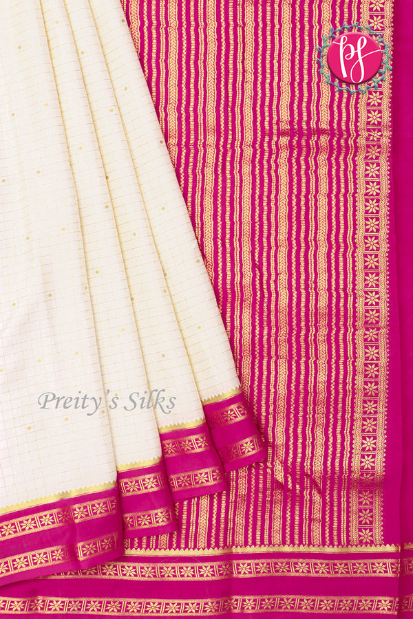 Pure Mysore Crepe Silk Saree -White And Pink-PF86103