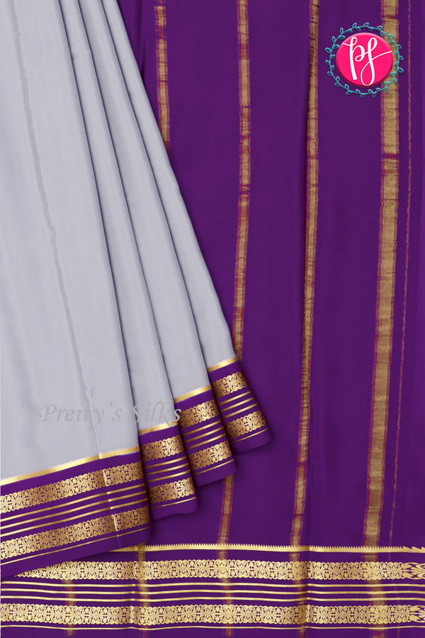 Pure Mysore Crepe Silk Saree-Grey And Purple-PA29028