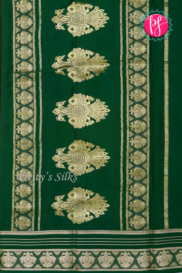 Pure Mysore Crepe Silk Saree-Mustardyellow And Darkgreen-PeacockBorder-PA26542