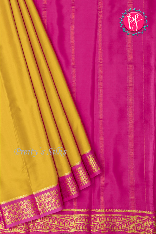 Pure Mysore Crepe Silk Saree-Mustardyellow And Pink-PA22355