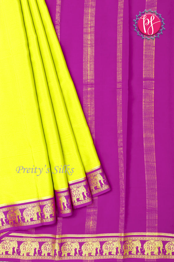 Pure Mysore Crepe Silk Saree-Contrast-Neongreen And Purple-PA19804