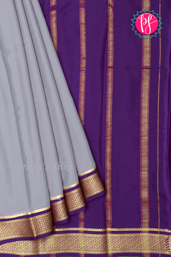 Pure Mysore Crepe Silk Saree-Grey And Purple-PA22355