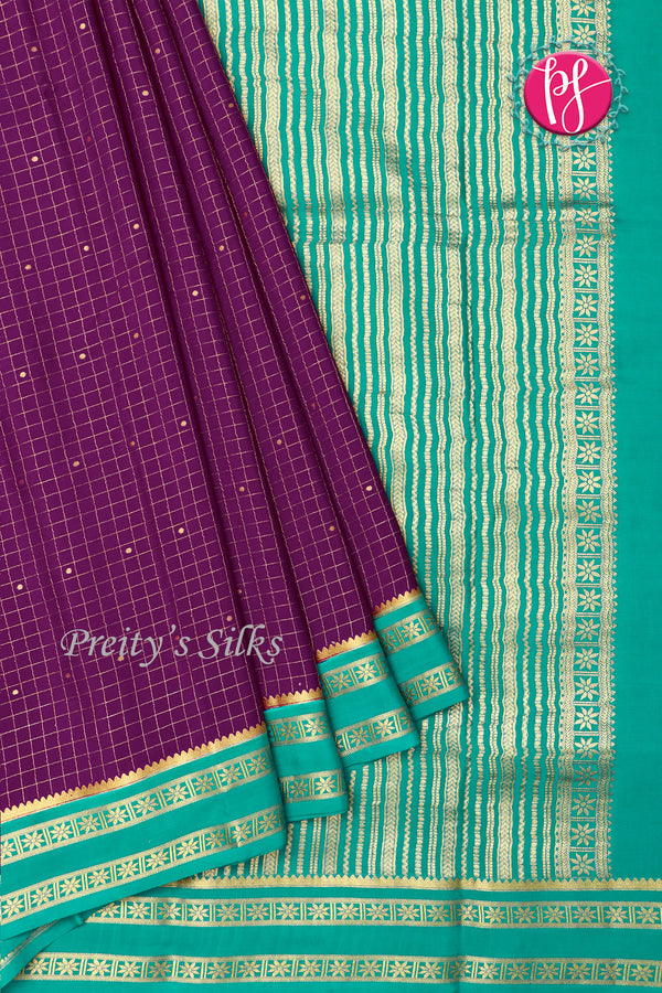 Pure Mysore Crepe Silk Saree -Dark Purple And Seagreen-PF86103