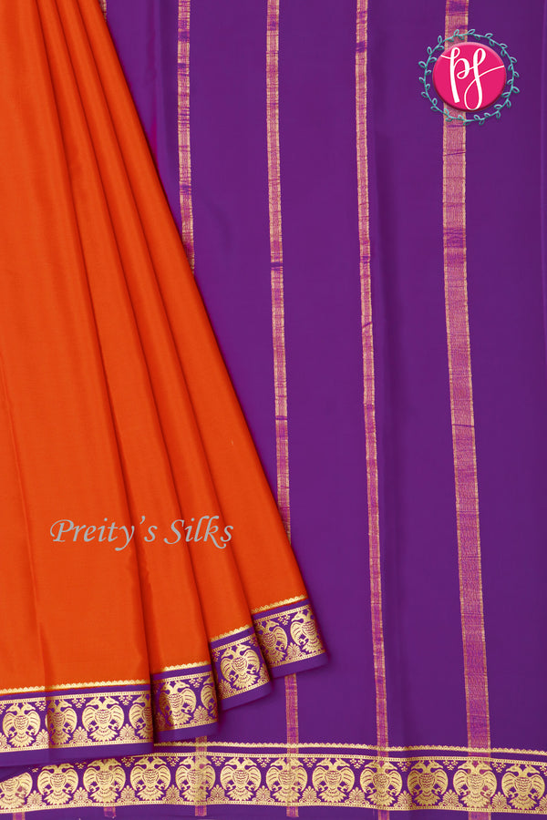 Pure Mysore Crepe Silk Saree-Gandaberunda Border-Rustorange And Purple-PA19895