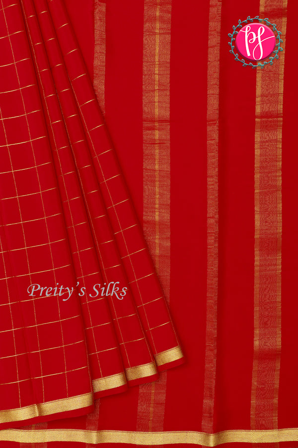 Pure Mysore Crepe Silk Saree-Singlechecks-Red-PA20527