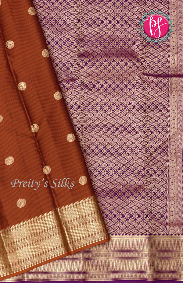 Half Kanchipuram Silk Saree-Rust Orange With Deep Purple-PF68675