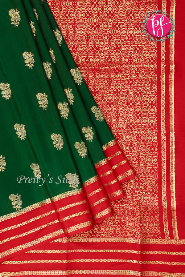 Pure Mysore Crepe Silk Saree -Bottle Green And Red-PA01187