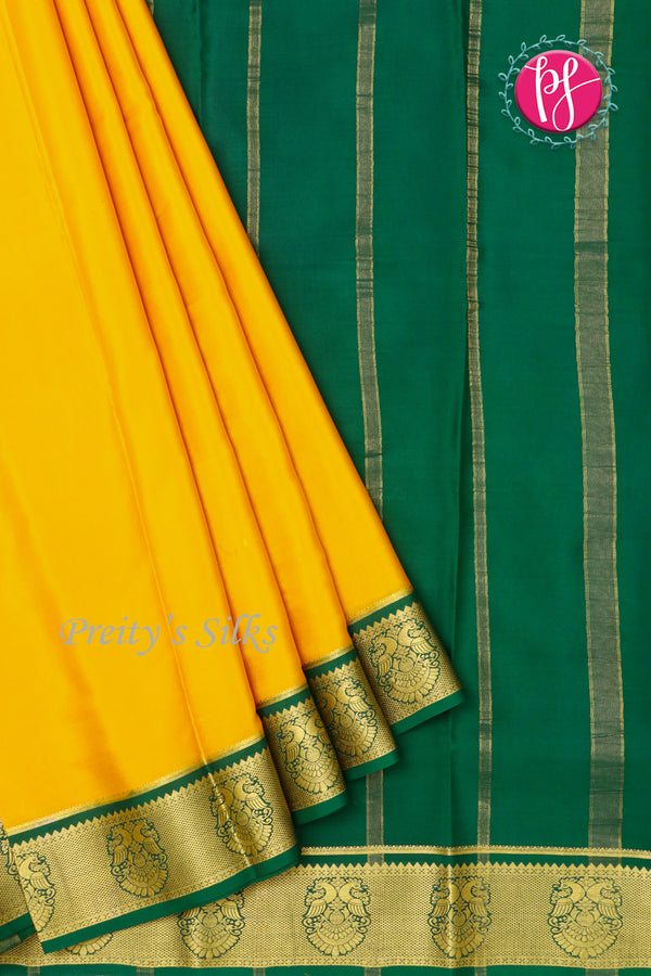 Pure Mysore Crepe Silk Saree -Yellow And Bottlegreen-PF86046
