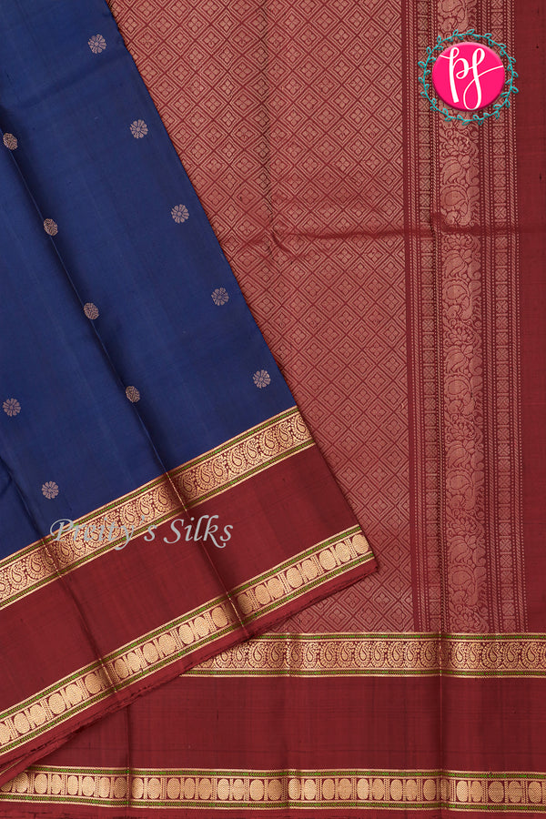 Pure Kanchipuram Silk Saree-Blue And Marron-PA17552