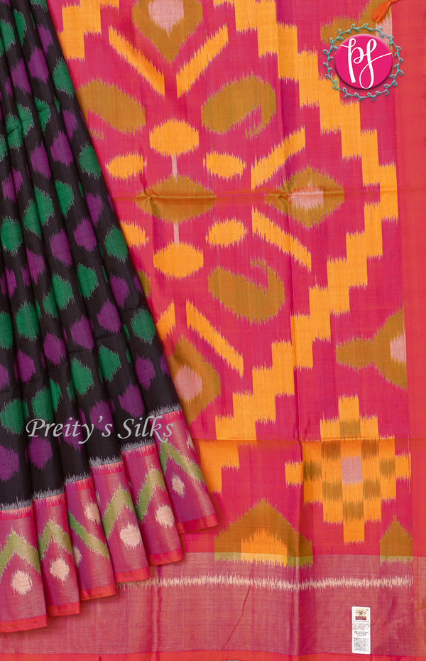 Pure Pochampally Soft Silk saree - Deep Navy Blue- Orangish Pink-PF02662