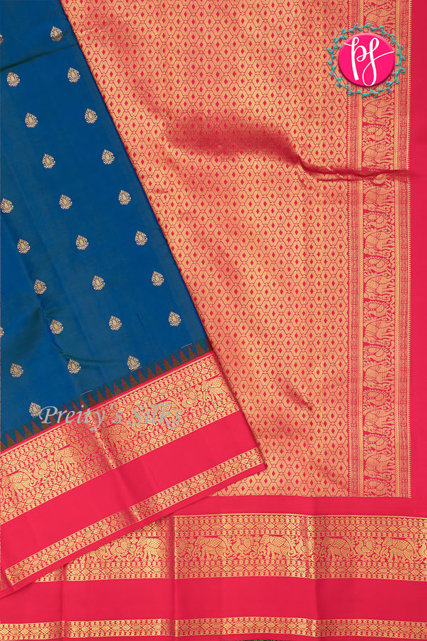 Pure Kanchipuram Silk Saree-Peacockblue And Red-PA23514