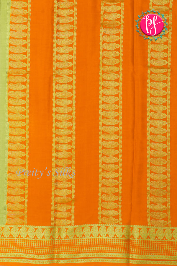 Pure Mysore Crepe Silk Saree-Pistagreen And Lightorange-PA26566