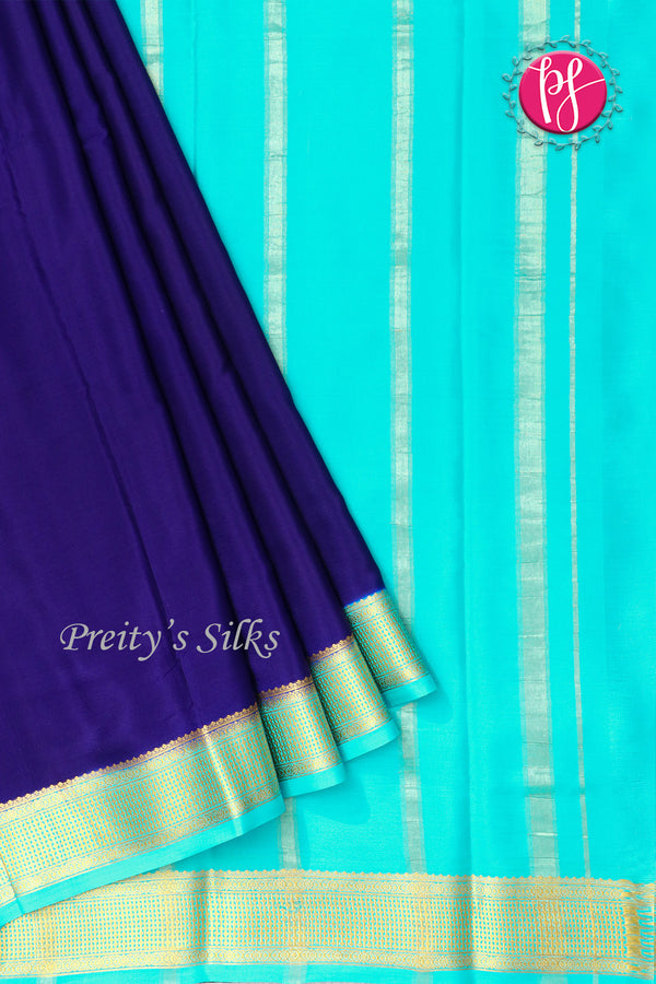 Pure Mysore Crepe Silk Saree -Navyblue And Turquoiseblue-PF82724