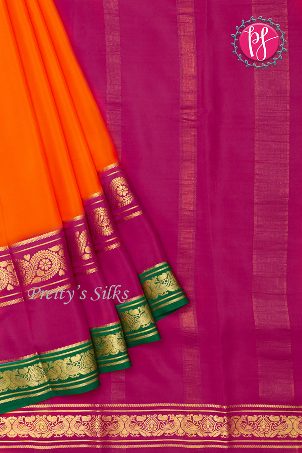 Pure Mysore Crepe Silk Saree -Orange And Pink BottleGreen -PA01239