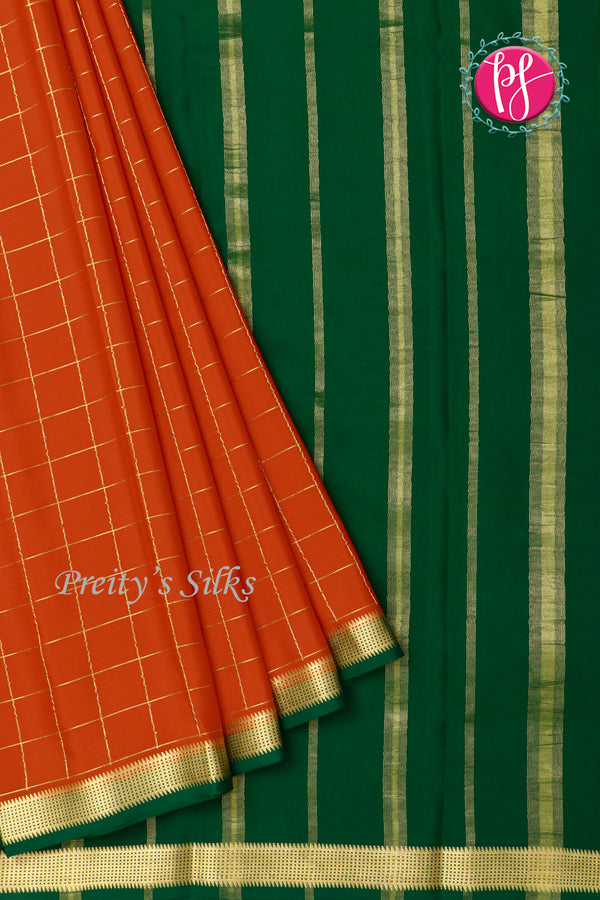 Pure Mysore Crepe Silk Saree -Red And Bottle green-PA09448