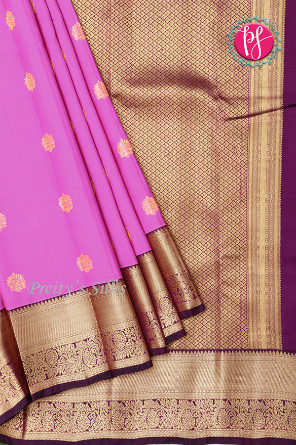 Half Pure Kanchipuram Silk Saree-Brigth Pink With Deep Purple-PF81397