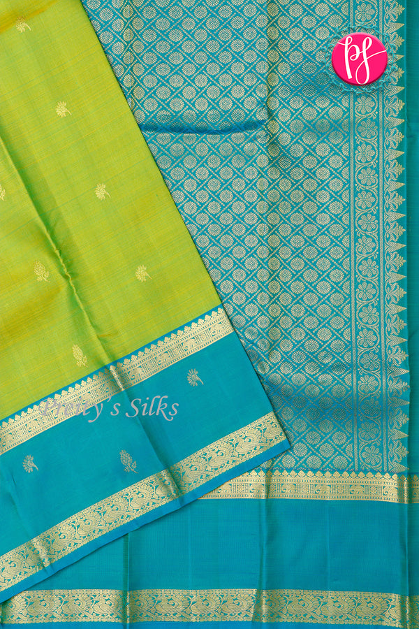 Pure Kanchipuram Silk Saree-Leamongreen And Tealblue-PA26216