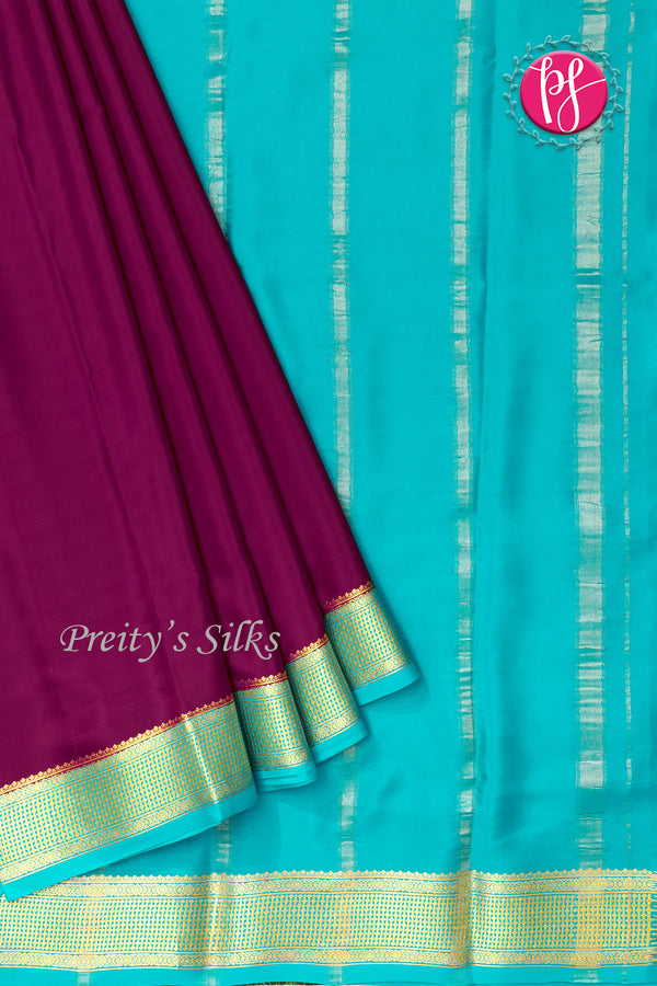 Pure Mysore Crepe Silk Saree -Dark Wine And Turquoise blue-PF82724
