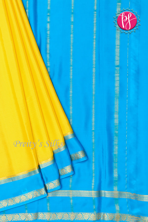 Pure Mysore Crepe Silk Saree-Yellow And Skyblue-PF82478