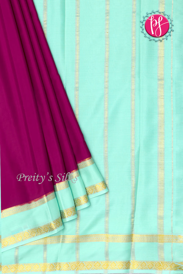 Pure Mysore Crepe Silk Saree -Wine And Skyblue-PF82495
