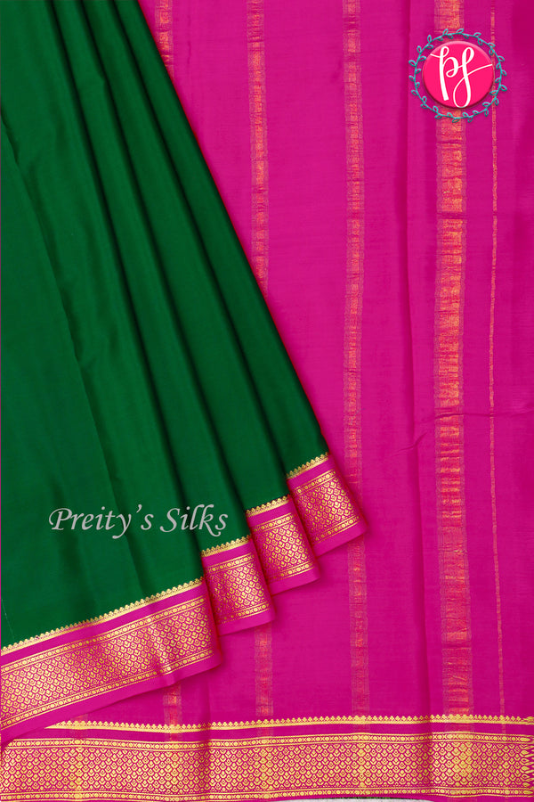 Pure Mysore Crepe Silk Saree-Bottlegreen And Pink-PA22355