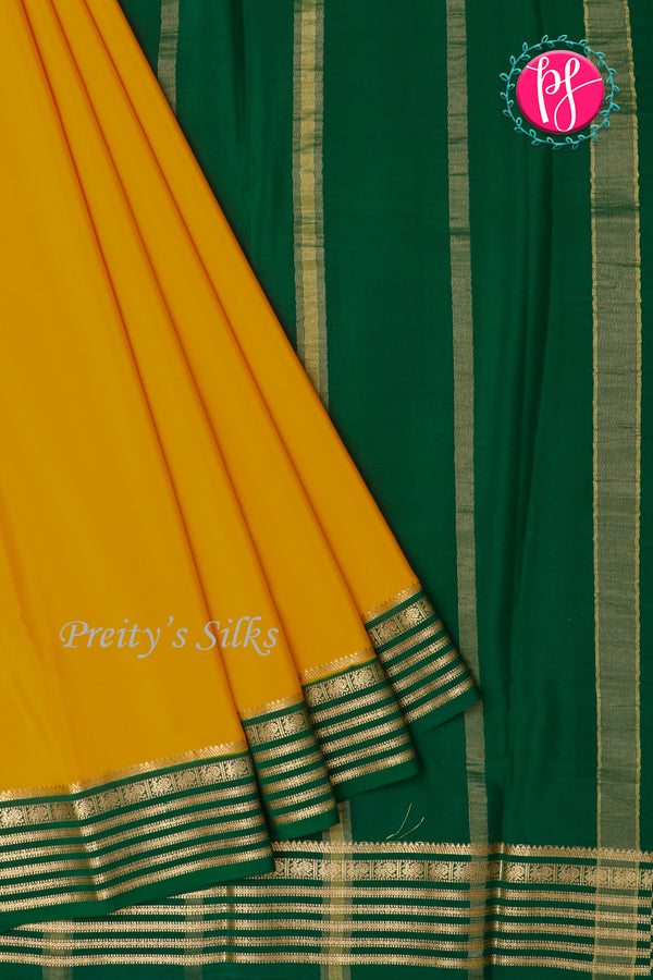 Pure Mysore Crepe Silk Saree-Mustardyellow And Bottlegreen-PA26302