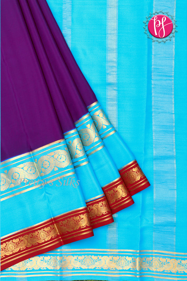 Pure Mysore Crepe Silk Saree -Brinjalpurple And Skyblue Red-PA01241