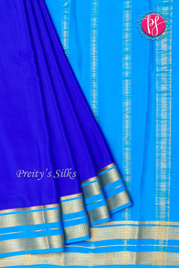 Pure Mysore Crepe Silk Saree-Royalblue And Skyblue-PA19929